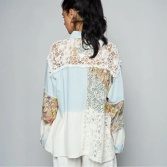 POL Balloon Sleeve Double Gauze Floral Button Front Shirt